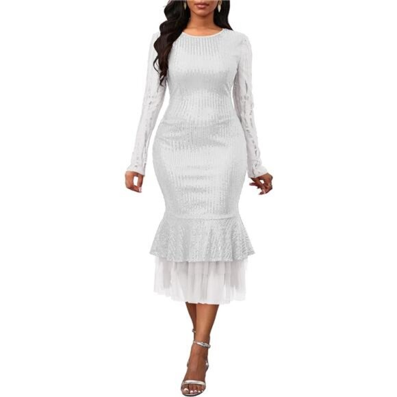 Sequins Dress Long Sleeve Bodycon Dress Ruffle White - Picture 1 of 7